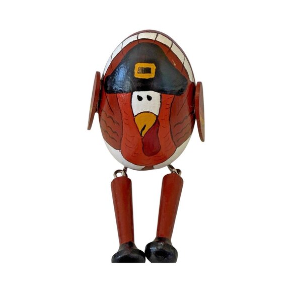 2 Pilgrim Turkey Shelf Sitters Handmade Folk Art Wooden Egg Movable Legs - Picture 9 of 13